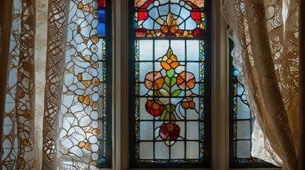 Poster - Lace Curtain Framing Colorful Stained Glass Window with Floral Design and Intricate Patterns Enhancing Interior Aesthetic
