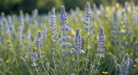 Poster - hyssop flower blooming in a lush summer meadow with clear space for text overlay and soft natural ba