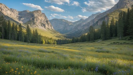 Poster - Scenic Mountain Meadow in National Park Surrounded by Trees with Expansive Sky and Copy Space for Text Elements