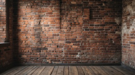 Poster - Grungy brick wall interior with wooden floor in an old room creating a rustic and urban atmosphere for various design projects.