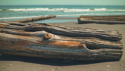 Poster - eroded wooden logs on a sandy beach against a backdrop of gentle ocean waves creating a rustic coast