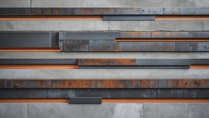 Poster - Metallic striped wall decoration with oxidized accents on a textured cement surface creating a modern industrial aesthetic.