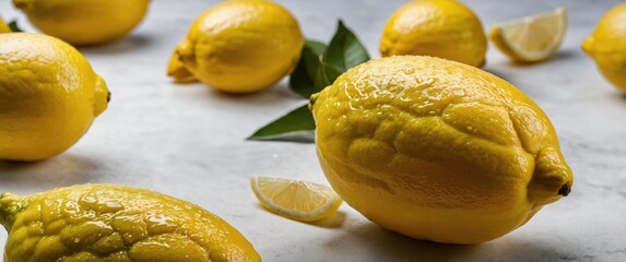 Poster - Fresh lemons arranged on a light surface highlighting their vibrant color and natural texture with a sliced lemon for added detail.