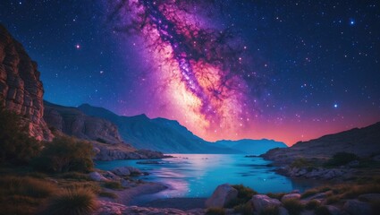 Poster - Stunning Night Sky Over Serene Landscape with Stars and Milky Way Galaxy Reflected in Calm Waters