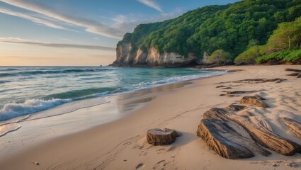 Poster - tranquil seaside landscape with gentle waves and lush green hills on a serene beach at sunrise
