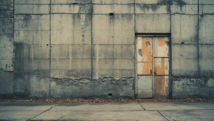 Poster - Weathered concrete wall with rusted door and grunge texture ideal for urban and industrial design backgrounds or architectural visuals.