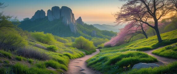 Poster - Serene Spring Hiking Trail Through Lush Greenery with Mountain View and Blossoming Trees at South Mountain Landscape