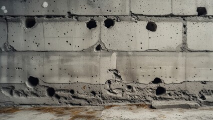 Poster - Weathered concrete wall with visible holes and texture showcasing age and wear, ideal for backgrounds or architectural design themes.