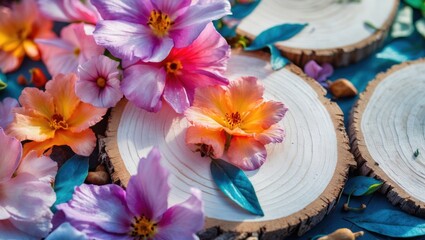 Poster - Nature and Close Up Textures Featuring Sliced White Wood with Colorful Flowers and Green Leaves in a Vibrant Natural Setting