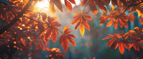 Poster - Autumn Leaves Illuminated by Sunlight Creating a Warm and Serene Natural Atmosphere in a Tranquil Forest Setting