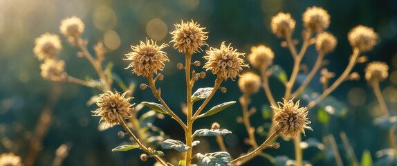 Poster - Dry henbane flowers and seeds illuminated by sunlight against a blurred natural backdrop showcasing botanical beauty and seasonal change.
