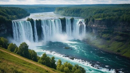Poster - Stunning Panoramic View of a Majestic Waterfall Surrounded by Lush Greenery with Clear Blue Waters and Space for Text Overlay