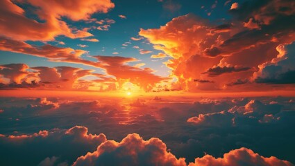 Poster - Vibrant Orange Clouds Illuminating the Sky at Sunset Over Cloudy Horizon
