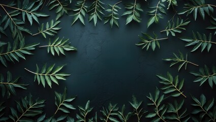 Poster - Dark Moody Neem Leaves Background for Design Featuring Low-Key Lighting and Space for Text in a Toned Flat Lay Arrangement