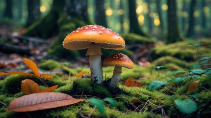Poster - Colorful mushrooms growing on vibrant moss in a sunlit forest, surrounded by leaves and soft earthy textures for a serene nature scene.