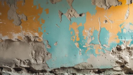 Poster - Faded multicolored wall texture with peeling paint and exposed cement revealing layers of history in rustic background design