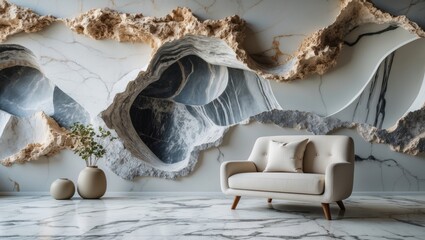 Poster - Elegant ivory marble wall with wave effect enhancing modern interior designs in living spaces like bedrooms, bathrooms, and dining areas.