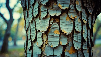 Poster - Close up of uniquely textured plane tree bark showcasing natural peeling patterns and colors, ideal for nature backgrounds and textures.
