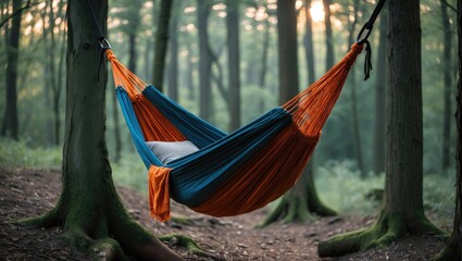 Poster - Hammock Relaxing Between Trees In Serene Forest Setting Ideal For Nature Retreats And Outdoor Leisure Activities