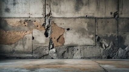Poster - Cracked and weathered concrete wall texture with distressed floor for industrial design and architectural backgrounds.