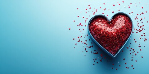 Wall Mural - Heart-shaped box filled with glittering red confetti surrounded by small heart-shaped decorations on a blue background