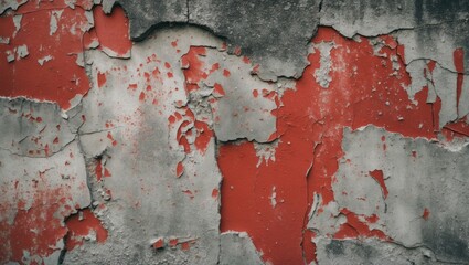 Poster - Weathered concrete wall with peeling red paint and textured surface creating an abstract grunge background for artistic designs and projects.