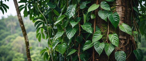 Poster - lush green leaves of liana plant climbing a tree in tropical forest landscape with copy space for na
