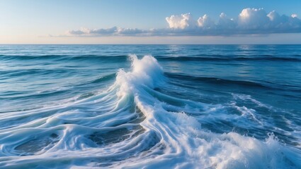 Poster - gentle ocean waves rolling towards the shore under a clear blue sky, capturing the essence of tranqu
