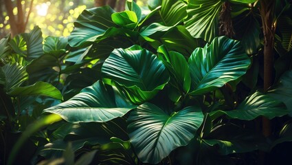 Poster - lush dark green foliage illuminated by natural light creating a vibrant tropical atmosphere in a ser