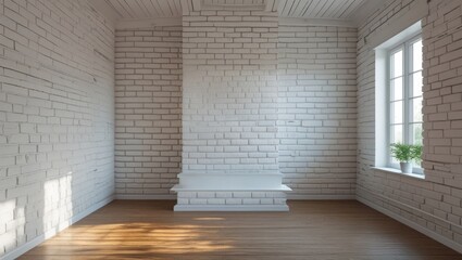 Poster - Bright and airy interior of a white brick room featuring natural light and wooden flooring, ideal for modern design concepts.
