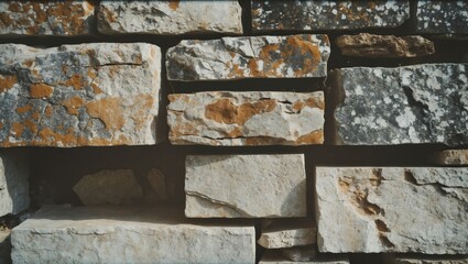 Poster - Textured natural stone wall in various shades showcasing rustic earth tones and unique patterns suitable for architectural design projects.