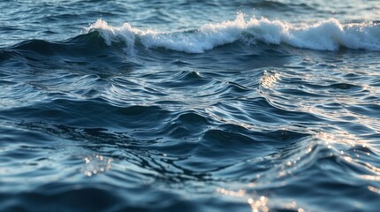 Poster - Close-up of serene ocean waves with sunlit reflections creating a tranquil and calming water surface texture in a coastal setting.
