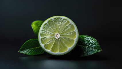Poster - Fresh Lime Slice Surrounded By Green Leaves Against A Dark Background Highlighting Its Juicy Interior And Textured Surface.