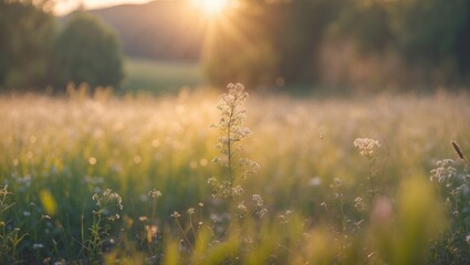 Poster - Meadow Bathed in Golden Morning Light with a Soft Focus on Blossoming Flowers and Gentle Blurs in a Tranquil Nature Scene