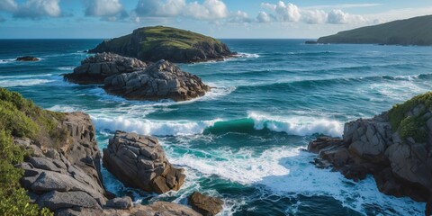 Poster - serene coastal landscape with ocean waves crashing on rocks and lush green island under a vibrant sk
