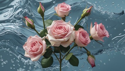 Poster - Elegant pink roses surrounded by water splashes create a fresh floral mockup, ideal for nature-inspired designs and promotions.