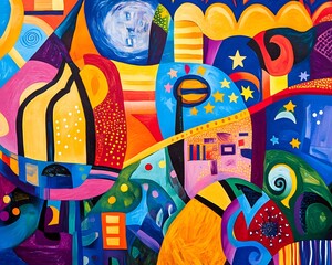Poster - A vibrant abstract painting filled with bold colors and intricate shapes, creating a lively interplay between figures and patterns, inviting viewers to explore its artistic depth.