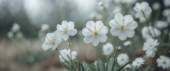 Poster - Delicate White Wildflowers Blooming Against a Softly Blurred Natural Background with Ample Space for Text Overlay and Design Elements