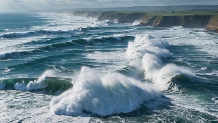 Poster - Dramatic Ocean Waves Crashing Against Rugged Coastline Captured from Above with a Drone Showcasing Nature's Power and Beauty