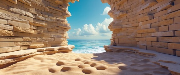 Poster - scenic natural stone wall framing a serene beach view with soft sand and gentle ocean waves under a 