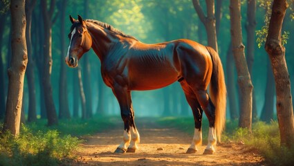 Poster - majestic brown horse standing gracefully in a sunlit forest pathway surrounded by trees with soft li