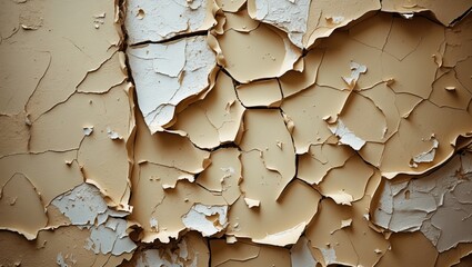 Poster - Cracked and peeling grunge wall background in beige tones showcasing textured layers and abstract patterns for design and artistic projects
