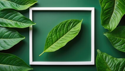 Poster - Green Leaf Close-Up Framed in White on Vibrant Green Background Surrounded by Leaves Natural Concept for Botanical or Eco-Friendly Themes
