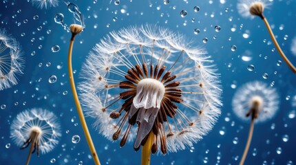 Poster - Macro photograph of dandelion with water droplets showcasing ripe seeds against a vibrant blue background capturing nature's delicate beauty.