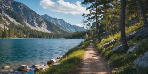 Poster - Scenic Hiking Path Along a Serene Lake with Lush Greenery and Mountains Under a Blue Sky Ideal for Outdoor Adventure Themes