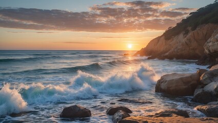Poster - sunset over coastal rocks with crashing waves at an oceanside gazebo, featuring serene beach views a