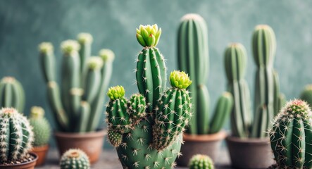Poster - Lush arrangement of green cacti in pots with soft focus background ideal for nature themes or botanical designs with space for text.