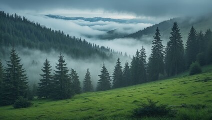 Poster - Misty Forest Landscape with Fir Trees and Lush Green Grass in Mountain Valley Under Foggy Sky Perfect for Nature Themes and Text Space