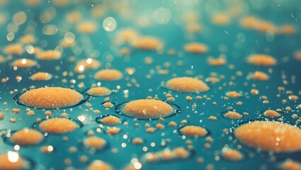 Poster - Macro shot capturing vibrant water particles and droplets creating a stunning visual effect on a blue background with soft bokeh.