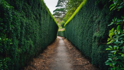 Poster - Lush Hedge Walkway Surrounded By Evergreen Boxwood Leading To A Scenic Trail With Space For Text Overlay